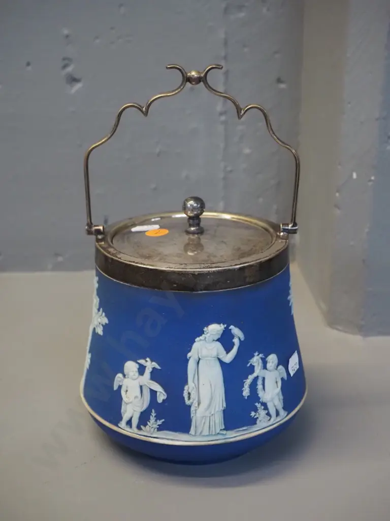 vintage Wedgwood dark blue jasperware biscuit barrel with silver plated lid and handle H-150 with handle down Image 1++