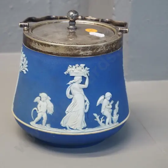 vintage Wedgwood dark blue jasperware biscuit barrel with silver plated lid and handle H-150 with handle down