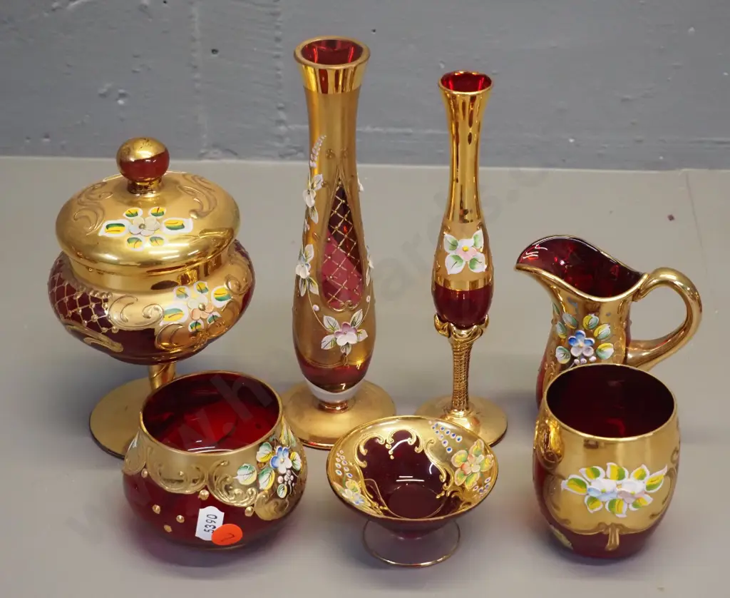 7 pieces of red Venetian glass - 2 footed vases, small comport, tumbler, cover pot and cream & sugar, Taller vase H-210 Image 1++