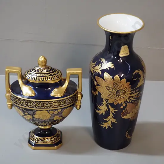 2 pieces of cobalt & gold German china - signed Hutschenreuther double handled lidded urn and