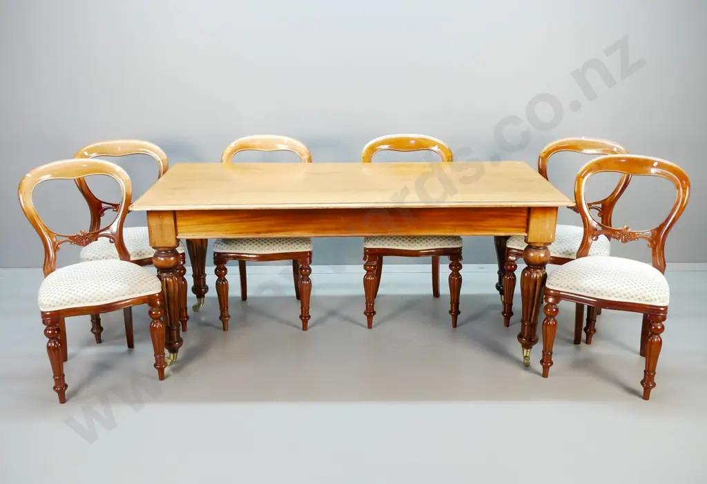 vintage dining table w/6 matching carved balloon back chairs, all with fluted legs, table on brass casters. Top Image 1++