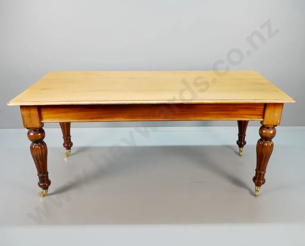 vintage dining table w/6 matching carved balloon back chairs, all with fluted legs, table on brass casters. Top Image 1++