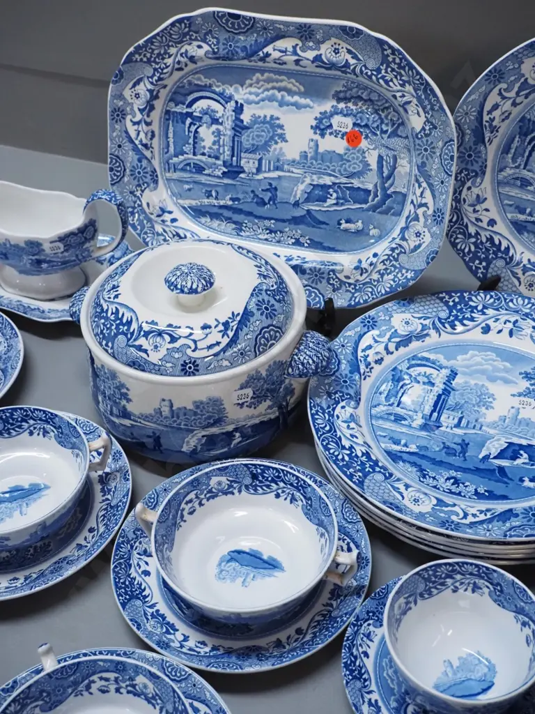 large Copeland "Spode's Italian" dinner set in as-new condition: 6 places & ashett, gravy boat, covered veg, soup bowls Image 1++