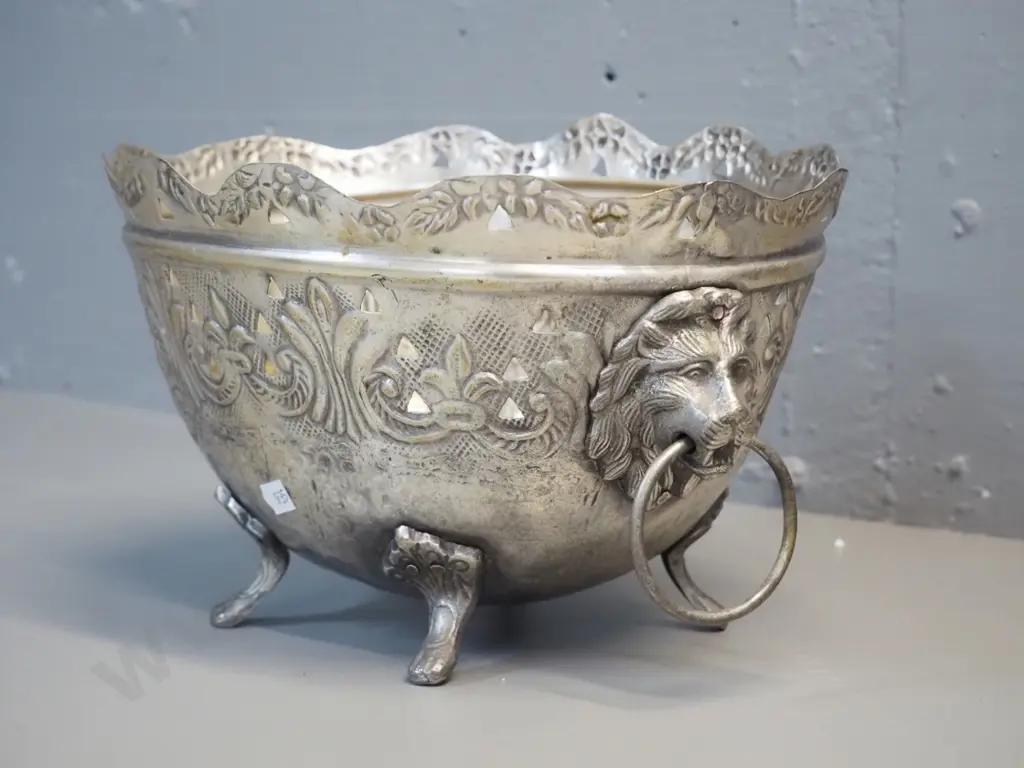 silver plated brass pierced and pressed footed bowl with lion's head handles - minor damage, slightly bent H-170 L-280 Image 1++