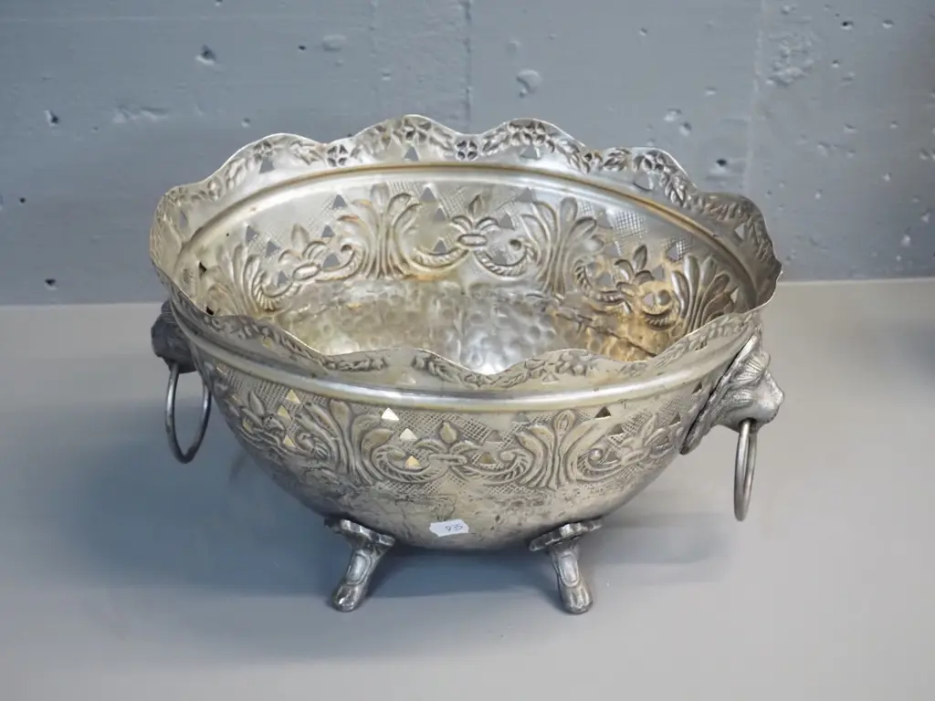 silver plated brass pierced and pressed footed bowl with lion's head handles - minor damage, slightly bent H-170 L-280 Image 1++