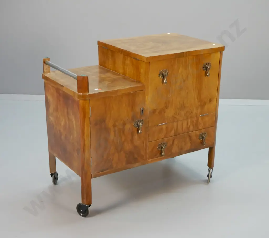 deco walnut wheeled cocktail cabinet with flip top, mirrored interior, cupboard, metal drop handles H710 L780 W430 Image 1++
