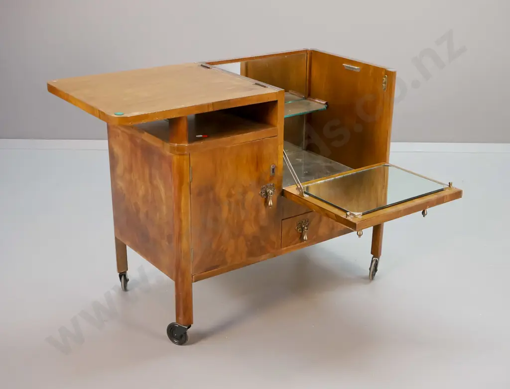 deco walnut wheeled cocktail cabinet with flip top, mirrored interior, cupboard, metal drop handles H710 L780 W430 Image 1++