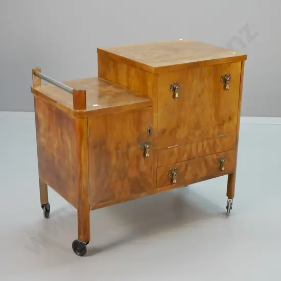deco walnut wheeled cocktail cabinet with flip top, mirrored interior, cupboard, metal drop handles H710 L780 W430