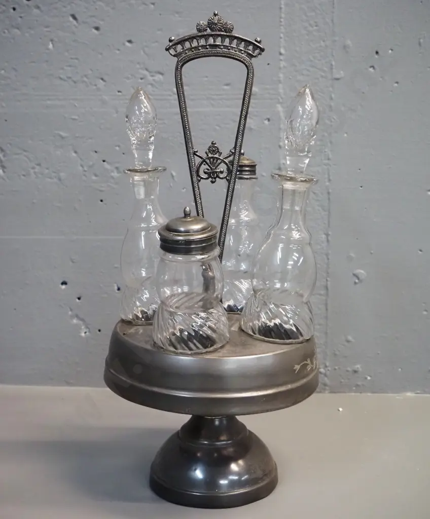 vintage glass condiment set on silver plated stand - 2 sauce bottles, shaker and salt or mustard pot H390 D170 Image 1++