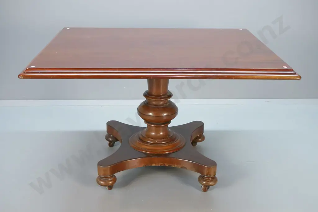 antique loo table on large pedestal base with metal casters - polish needs attention H-760 L-1230 W-1010 Image 1++