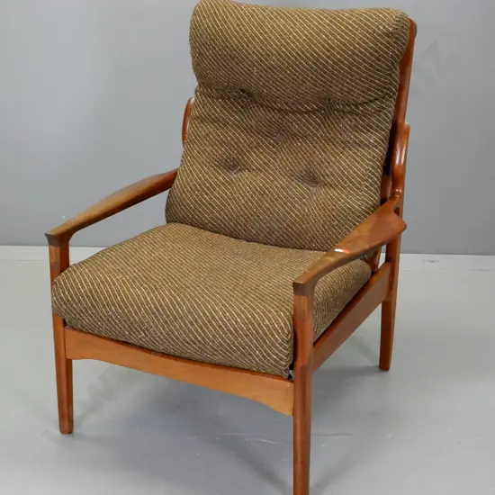 mid-century Don mahogany framed high-back lounge chair covered in diagonal stripe wool fabric H910 W-680 D-770
