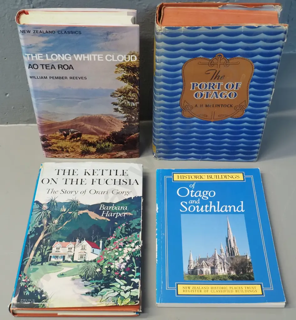 4 New Zealand history books - Port of Otago by McClintock, The Long White Cloud by Pember Reeves, signed copy of Kettle Image 1++