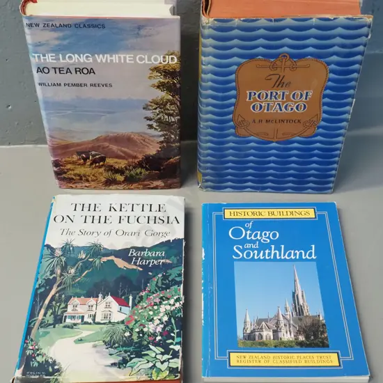 4 New Zealand history books - Port of Otago by McClintock, The Long White Cloud by Pember Reeves, signed copy of Kettle