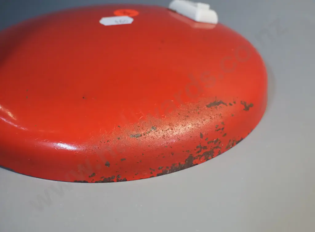 retro red metal table lamp with chrome gooseneck stem, some chips to paint H-380 W-350 as photographed Image 1++