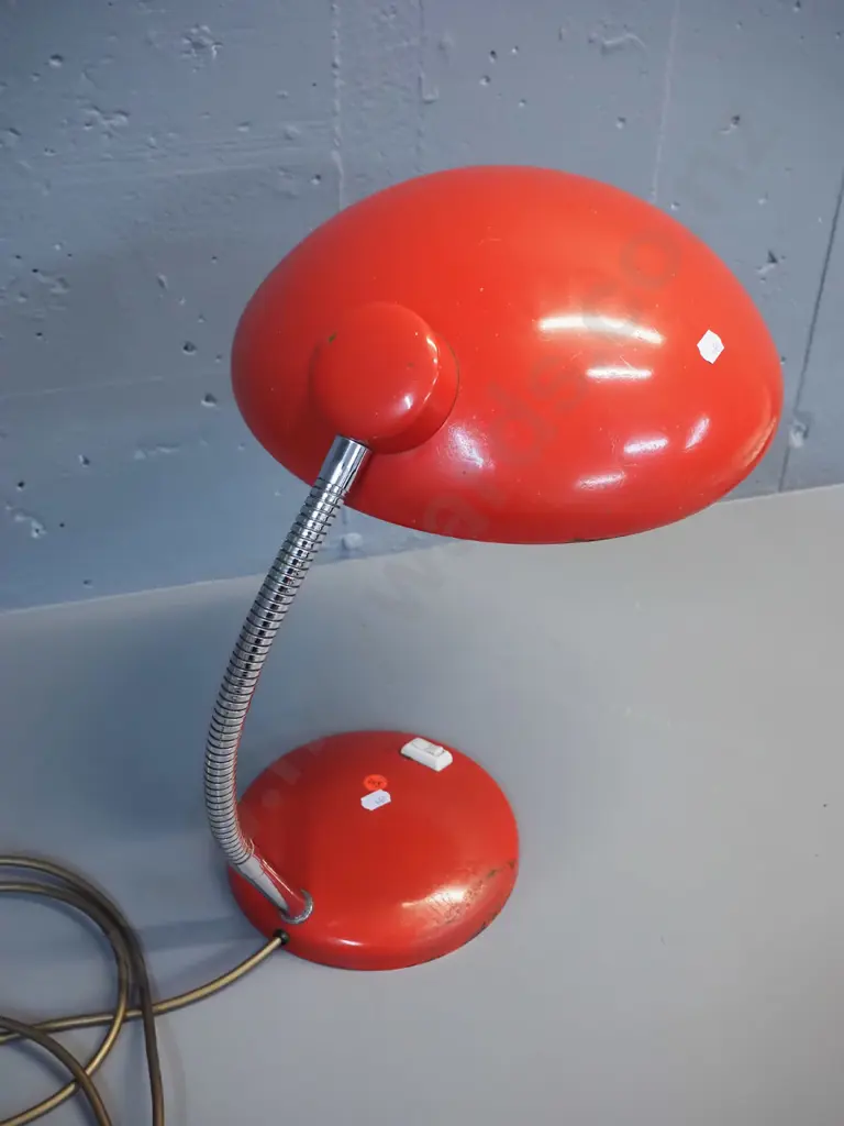 retro red metal table lamp with chrome gooseneck stem, some chips to paint H-380 W-350 as photographed Image 1++