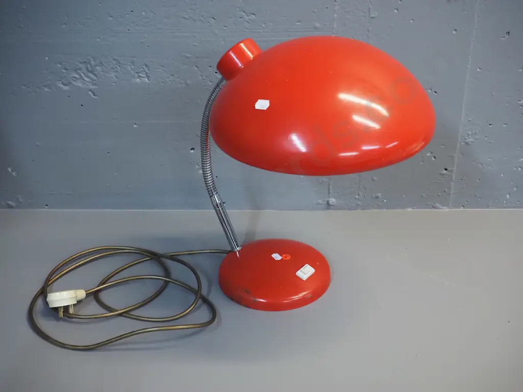 retro red metal table lamp with chrome gooseneck stem, some chips to paint H-380 W-350 as photographed Image 1++