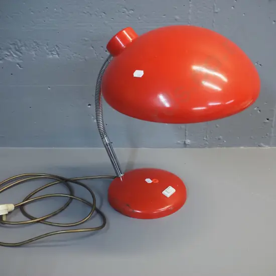 retro red metal table lamp with chrome gooseneck stem, some chips to paint H-380 W-350 as photographed