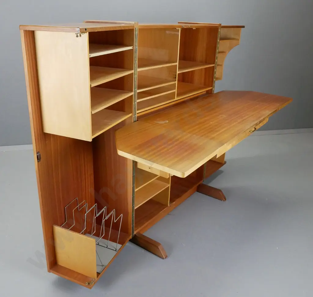mid-century mahogany fold-out and sliding desk/workstation with internal shelves, loose record / file rack, drawer. Some Image 1++