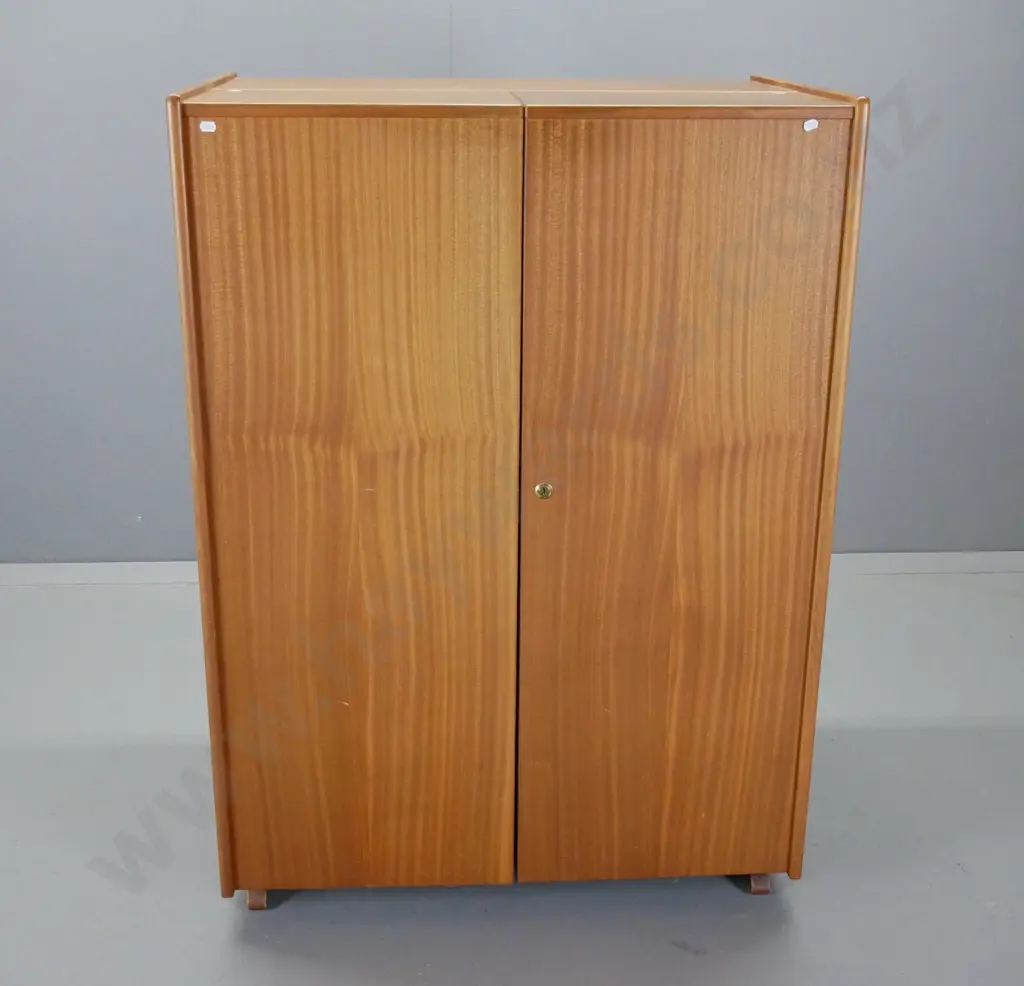 mid-century mahogany fold-out and sliding desk/workstation with internal shelves, loose record / file rack, drawer. Some Image 1++