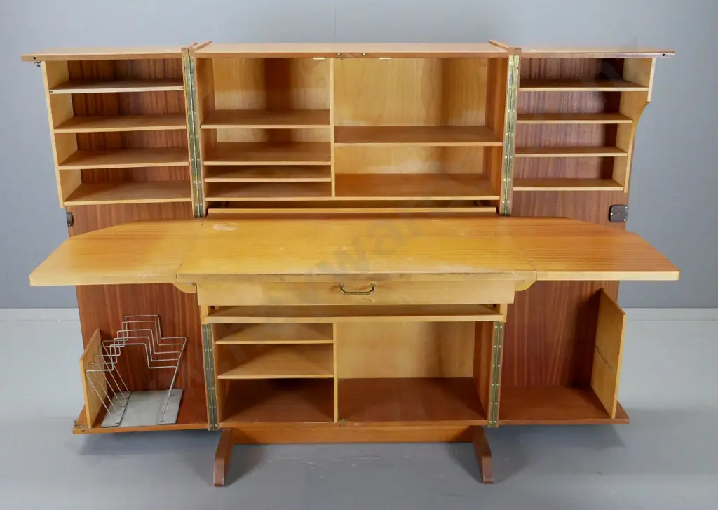 mid-century mahogany fold-out and sliding desk/workstation with internal shelves, loose record / file rack, drawer. Some Image 1++