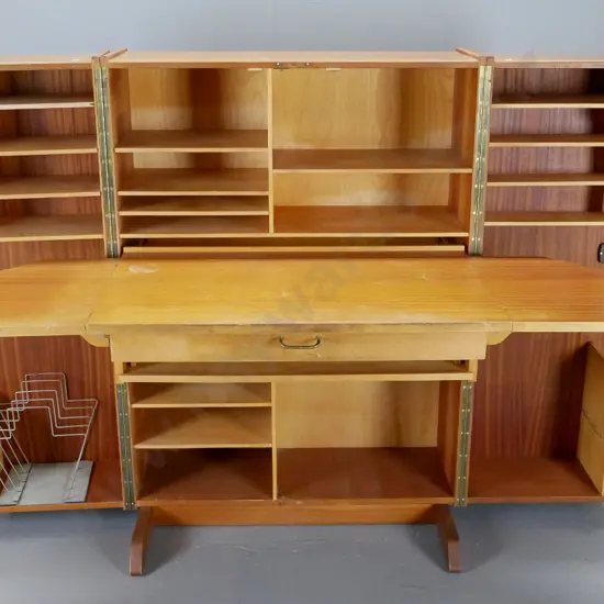 mid-century mahogany fold-out and sliding desk/workstation with internal shelves, loose record / file rack, drawer. Some