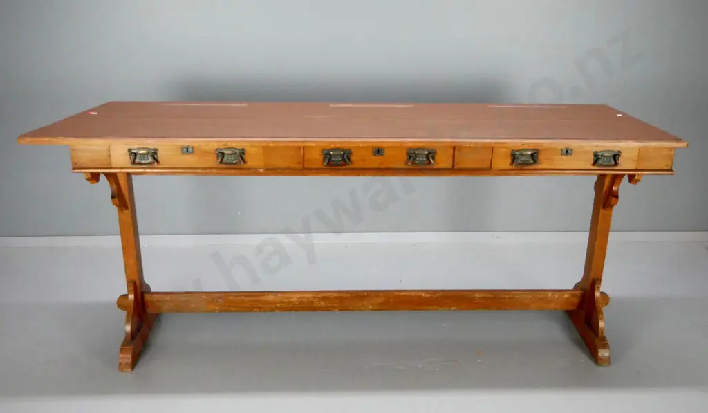 vintage kauri school desk with stretcher base, 3 drawers w/original drop handles, key escutcheons, top has been painted, Image 1++