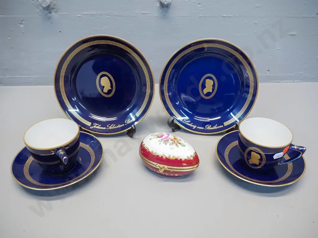 2 Bing & Grondahl cobalt and gold trios - Bach & Beethoven - and a small Goudeville Paris egg-shaped trinket Image 1++