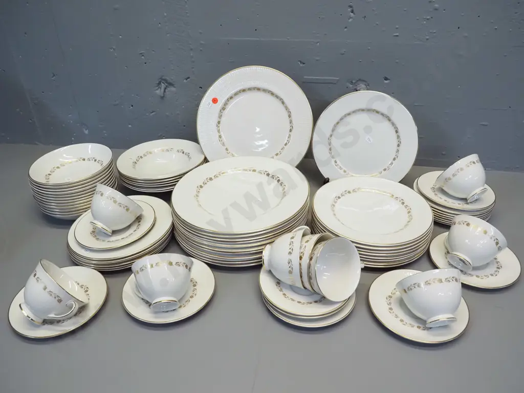 large quantity of Royal Doulton Fairfax bone china dinnerware - 11 dinner plates, 13 coupes, 9 cups & saucers, etc. Image 1++