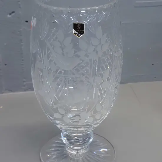 Edinburgh large heavy cut and etched crystal vase with bird and spider web motif - with certificate. H-320 D-150