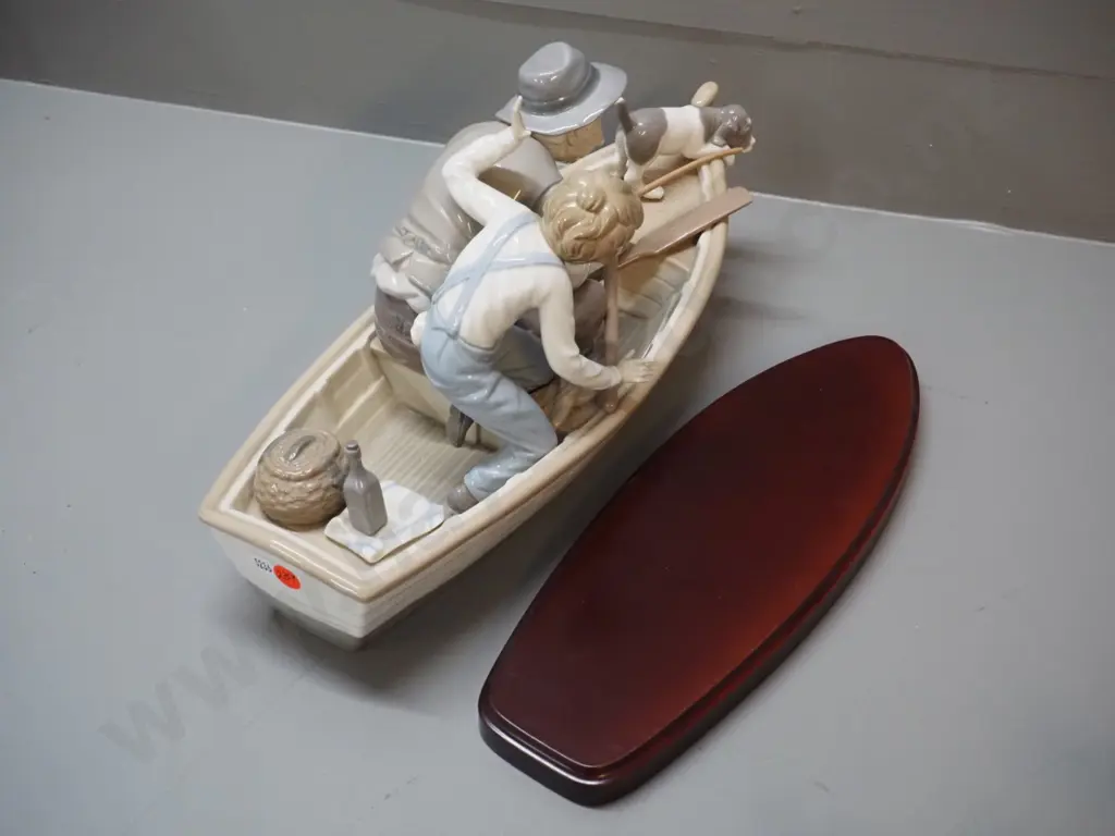 Lladro large figure of boat with man and boy fishing, on wooden stand, damage to fishing rod & boys hand H-220 L-400 Image 1++