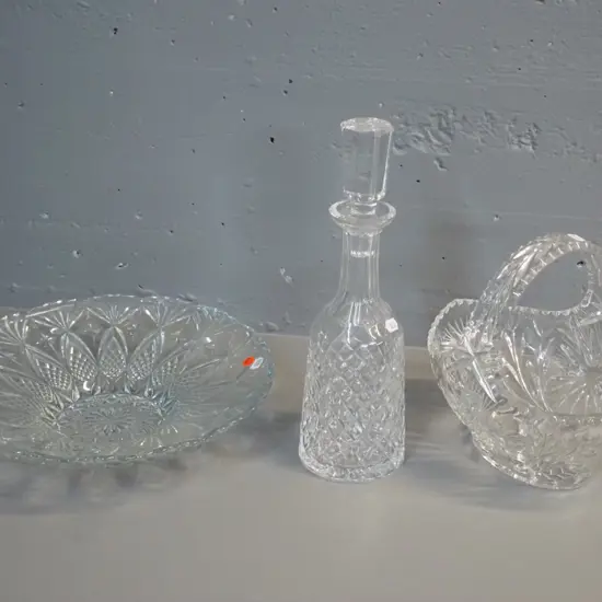 2 pieces of crystal - basket and stoppered decanter H-335 - and a moulded glass bowl marked in France D-330