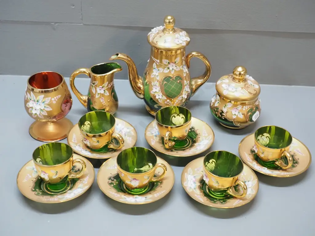 Venetian style green glass coffee set & a small pink glass goblet. Coffee pot is H-170 Image 1++