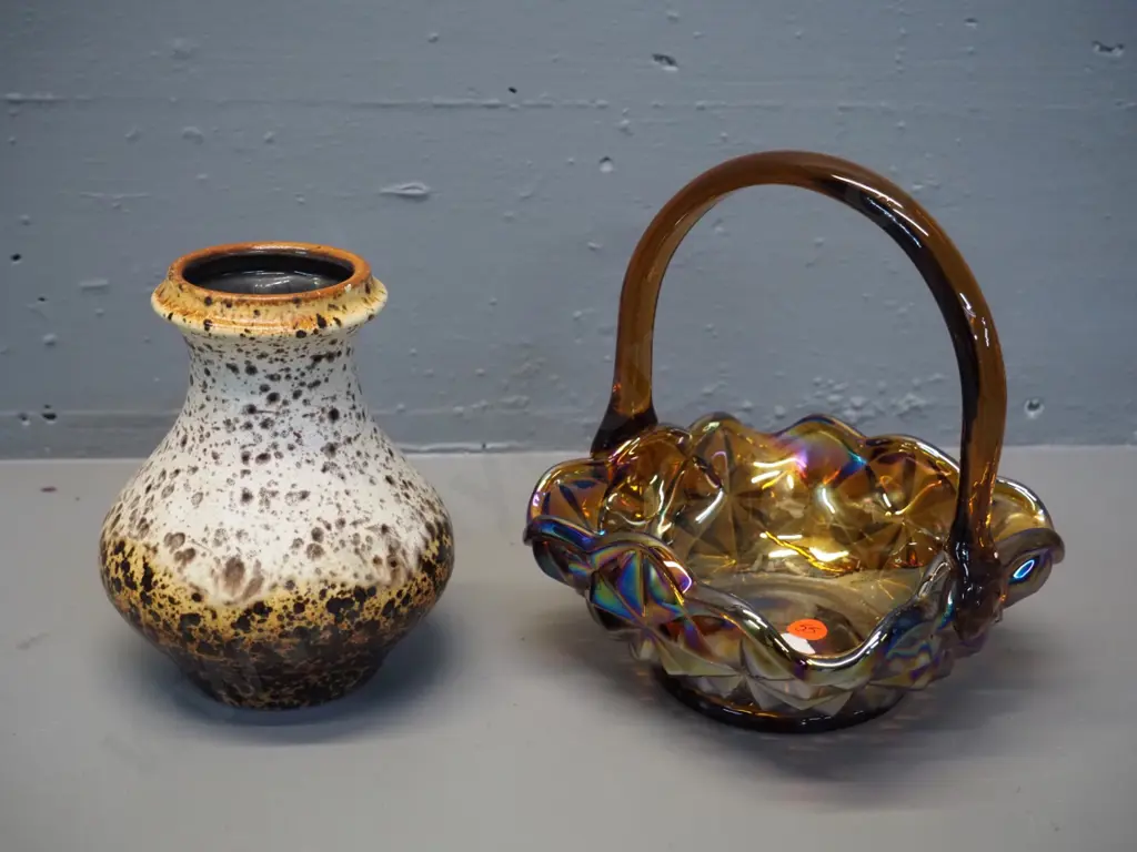 dark amber lustre glass basket H-210 and a German pottery vase Image 1++