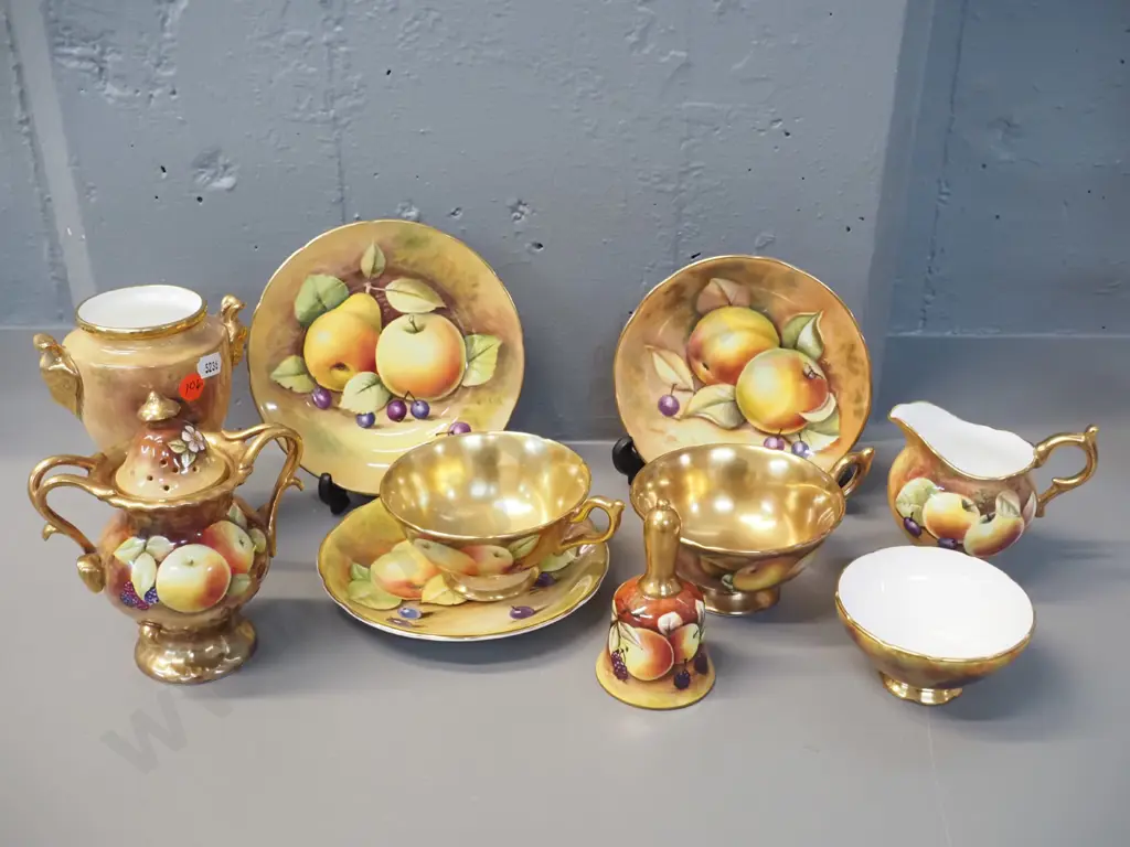 assorted Coalport gilded fruit items - trio, cup & saucer, cream & sugar, potpourri pot, small bell, etc. Image 1++
