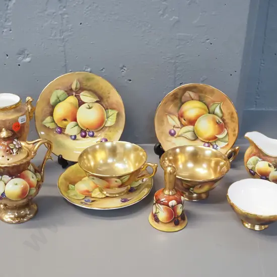 assorted Coalport gilded fruit items - trio, cup & saucer, cream & sugar, potpourri pot, small bell, etc.