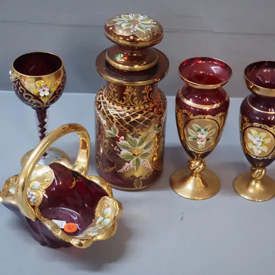 5 pieces of red Venetian glass - 2 footed vases, small goblet, basket and cover pot H-200