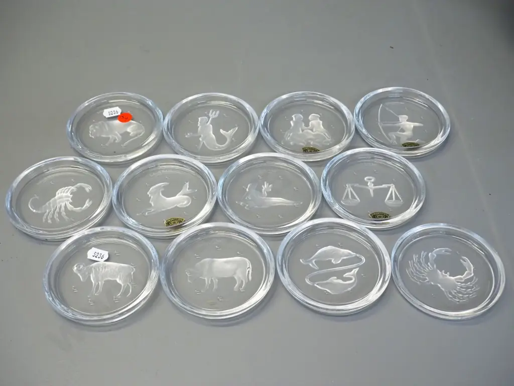 set of 12 Val St. Lambert Belgian crystal etched zodiac themed coasters - each D-95 Image 1++