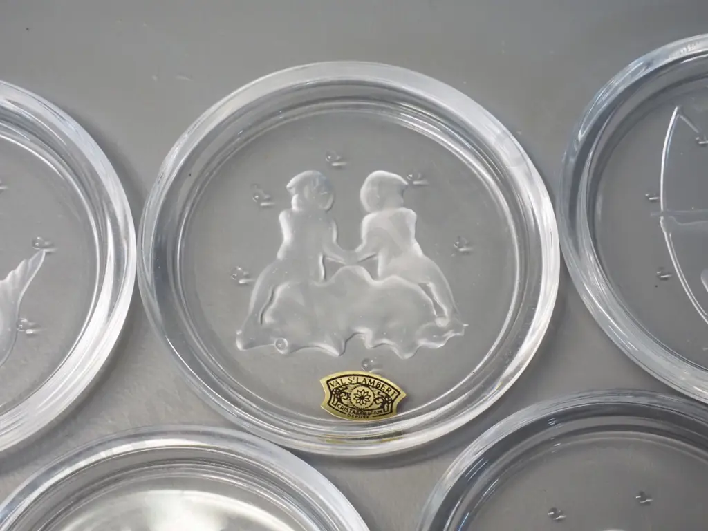set of 12 Val St. Lambert Belgian crystal etched zodiac themed coasters - each D-95 Image 1++