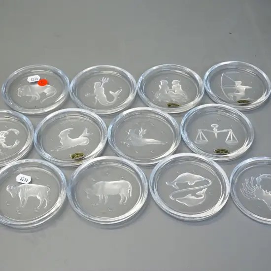 set of 12 Val St. Lambert Belgian crystal etched zodiac themed coasters - each D-95