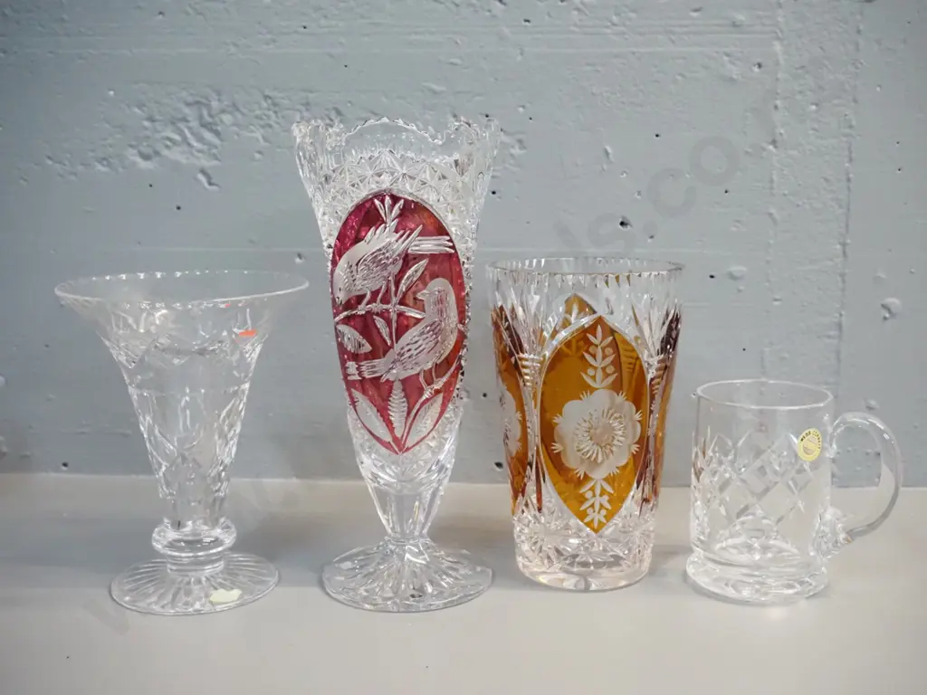 Stuart cut crystal vase, Webb-Corbett beer mug, and 2 cut-to-clear coloured glass vases - taller is H-260 Image 1++