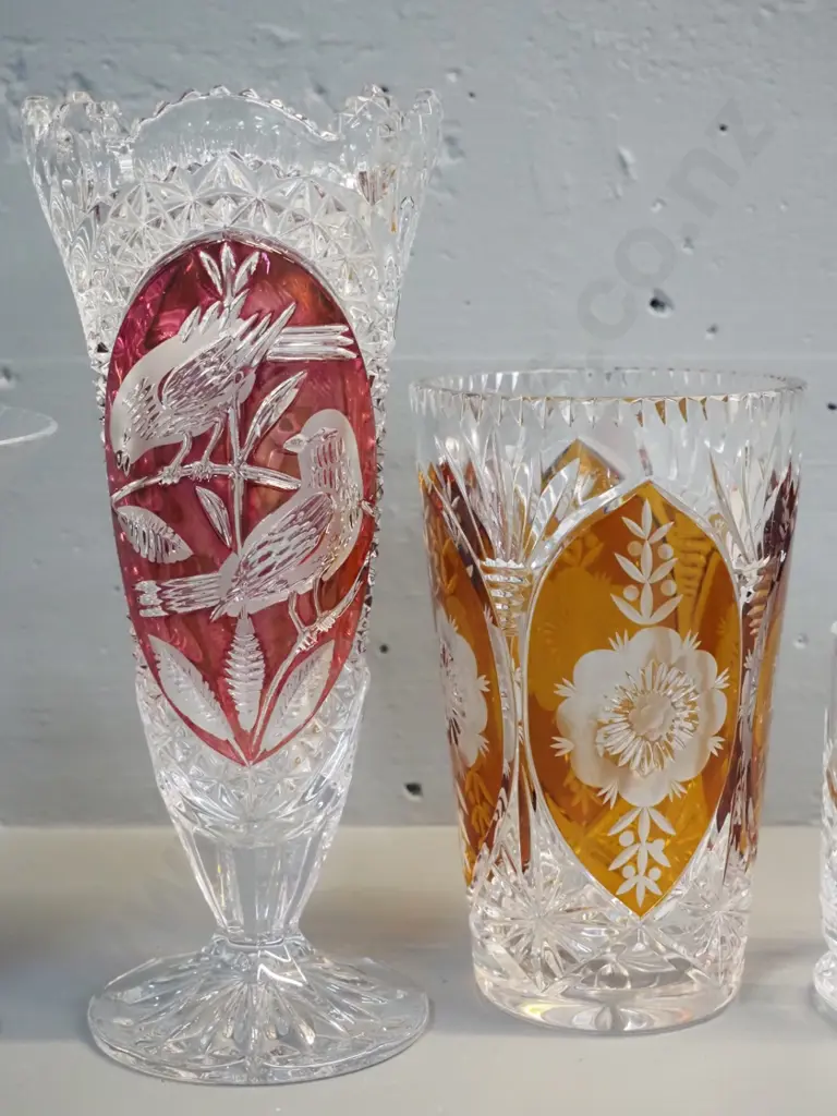 Stuart cut crystal vase, Webb-Corbett beer mug, and 2 cut-to-clear coloured glass vases - taller is H-260 Image 1++