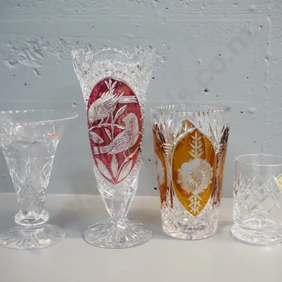 Stuart cut crystal vase, Webb-Corbett beer mug, and 2 cut-to-clear coloured glass vases - taller is H-260