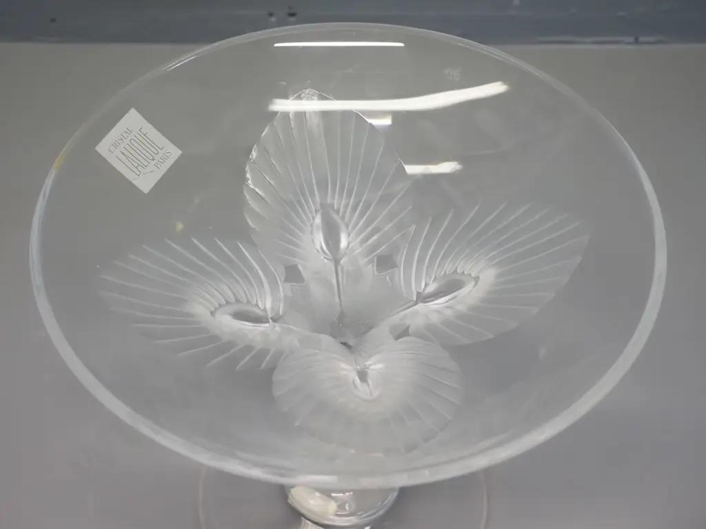Lalique crystal comport with frosted & moulded peacock motif stem H-170 Diameter 215 Image 1++