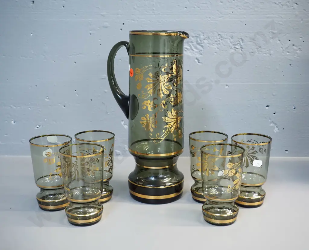 retro Bohemian glass gilt pattern water set - jug and 6 glasses. Jug H-295 Image 1++