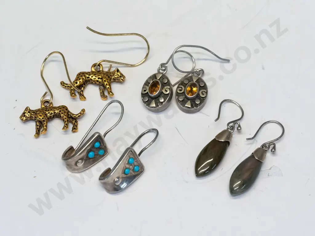 pair of amber earrings & pair of tourquoise earrings both stamped 925 & 2 pairs earrings no marked Image 1++