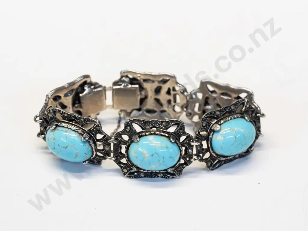 tourquoise & marcasite bracelet with safety chain no mark Image 1++
