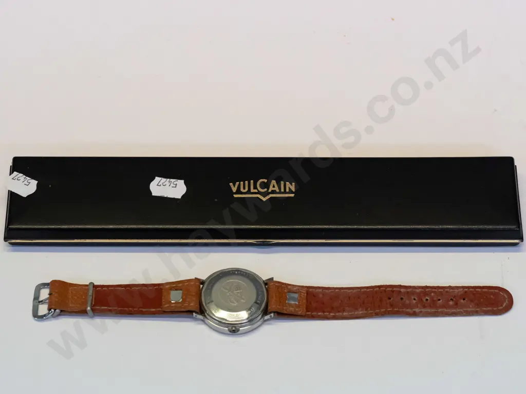 boxed Vulcain watch has day & date, has no winder, code on back   3363000 Image 1++