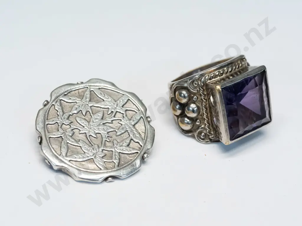 silver amethyst ring stamped 925 & brooch no mark Image 1++