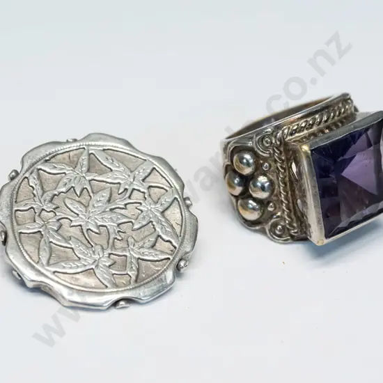 silver amethyst ring stamped 925 & brooch no mark
