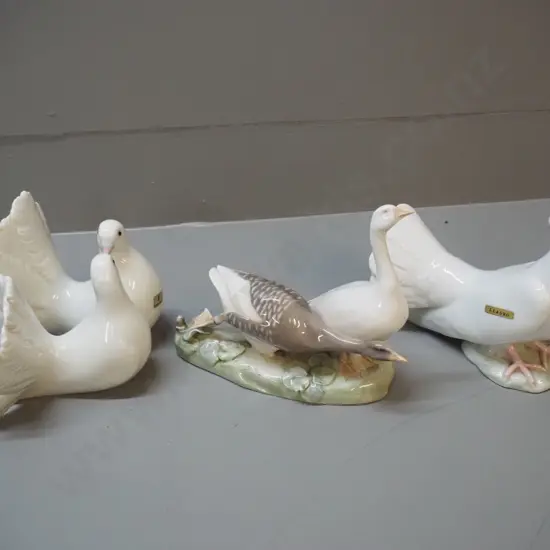 3 bird figurines - 2 LLadro doves, Royal Copenhagen goose pair H-160